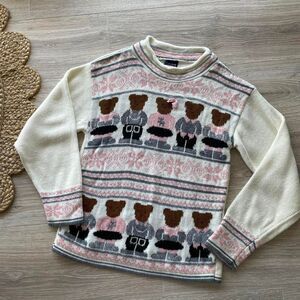 Vintage 90's White & Pink Teddy Bear Sweater Girls Medium Cottage Bow Preppy 80s